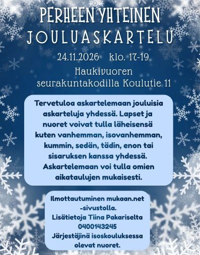 Sininen lumihiutaletausta, joulukortti Perheen yhteinen jouluaskartelu -tapahtumatiedoilla ja ilmoittautumisohjeilla.